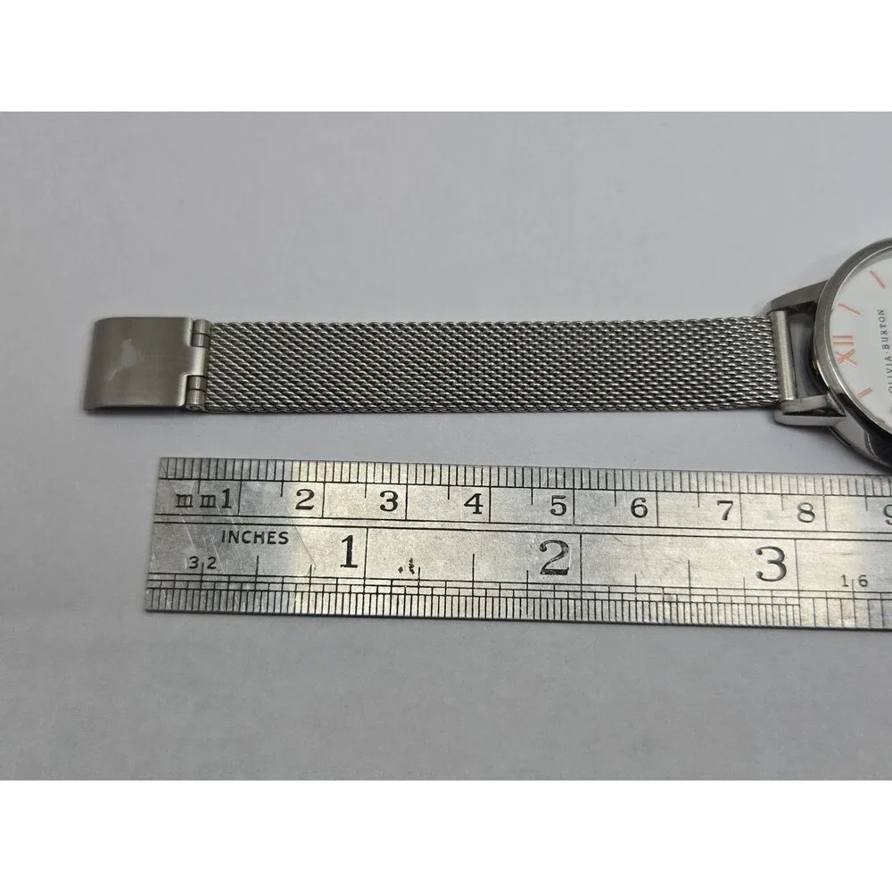 Olivia Burton London Womens Silver Mesh White Dial Quartz 30mm Watch New Battery